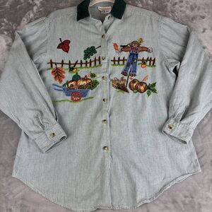 VTG Casey & Max Embroidered Button Up Shirt Women's M Green Stripe Autumn (1138)